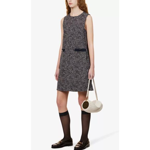 ME+EM Ponte Jacquard Tweed Shift Mini Dress Short 8 Navy Blue Office Work - Picture 2 of 10
